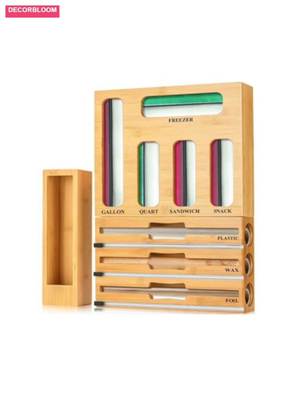9 in 1 Bamboo Storage Bag Organizer Kitchen Drawer Foil Plastic Wrap Cutter